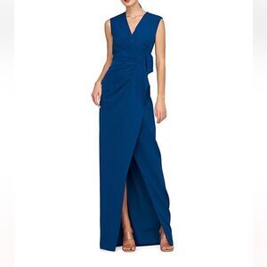 Kay Unger Frances Crepe  Blue Pleated V-Neck Gown | 16